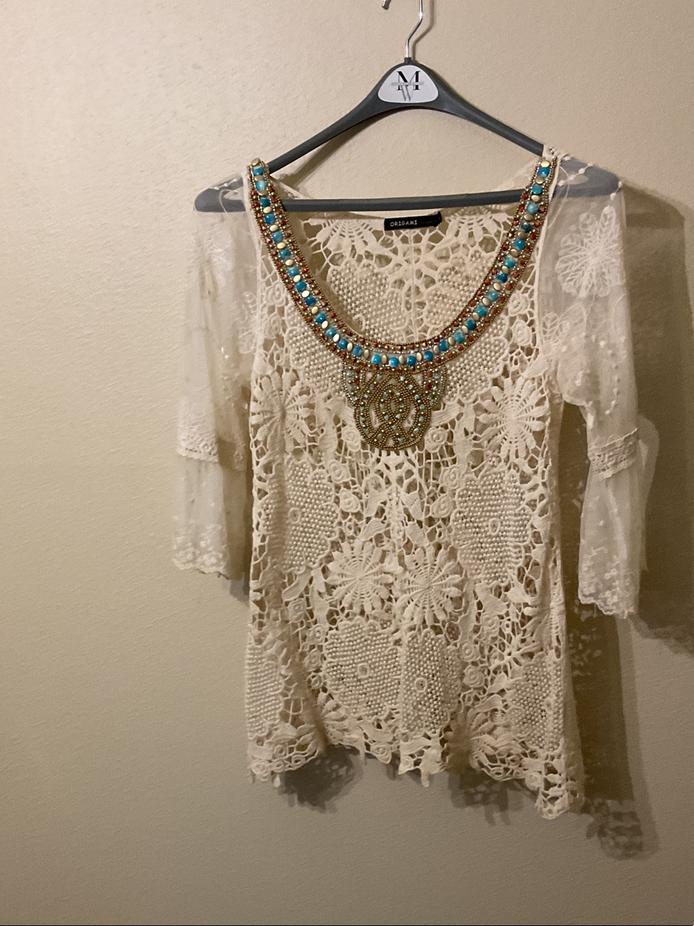Origami Cream Crochet Tunic with Beaded Necklace and Lace Sleeves Size M/L